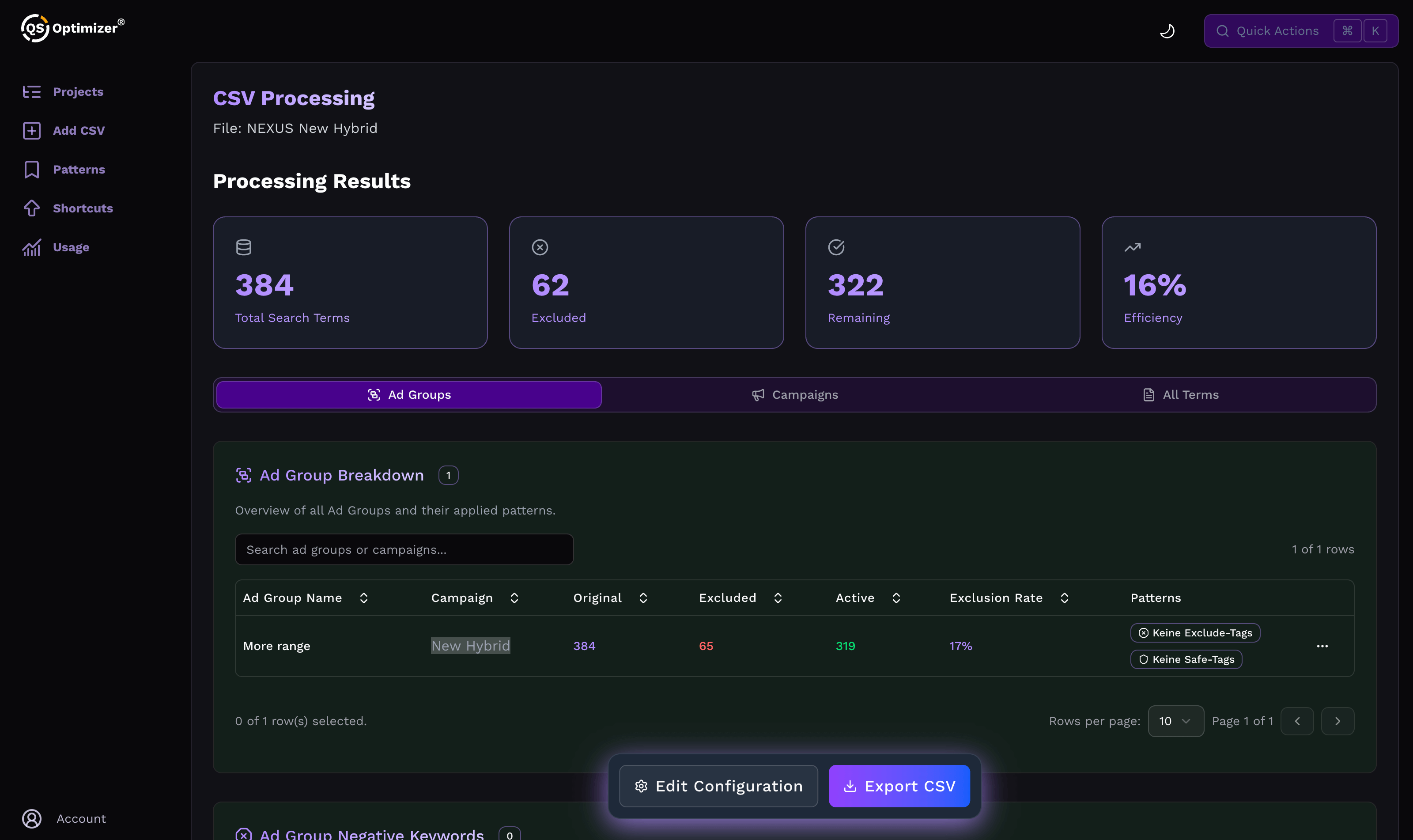 QS Optimizer Result Dashboard