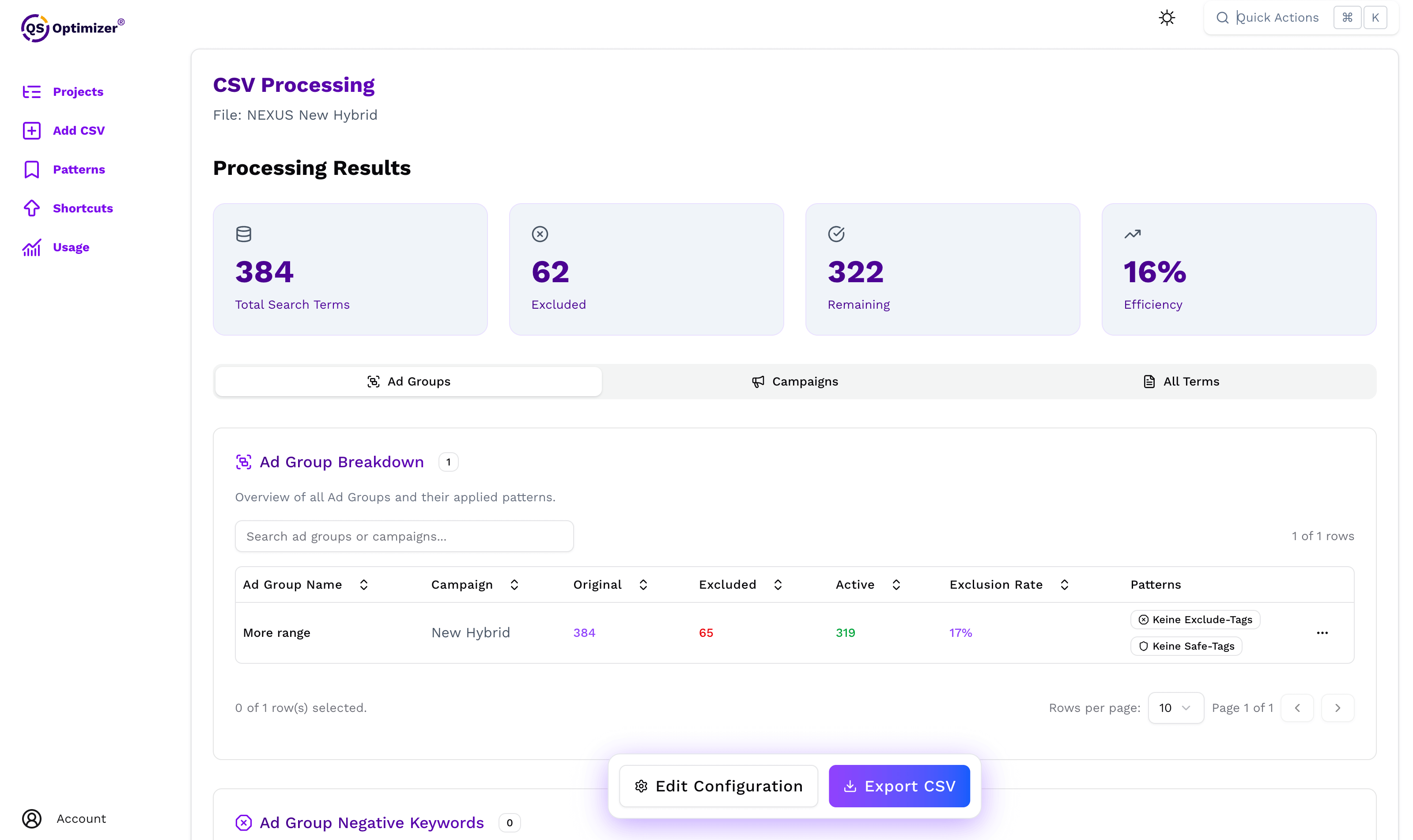 QS Optimizer Result Dashboard